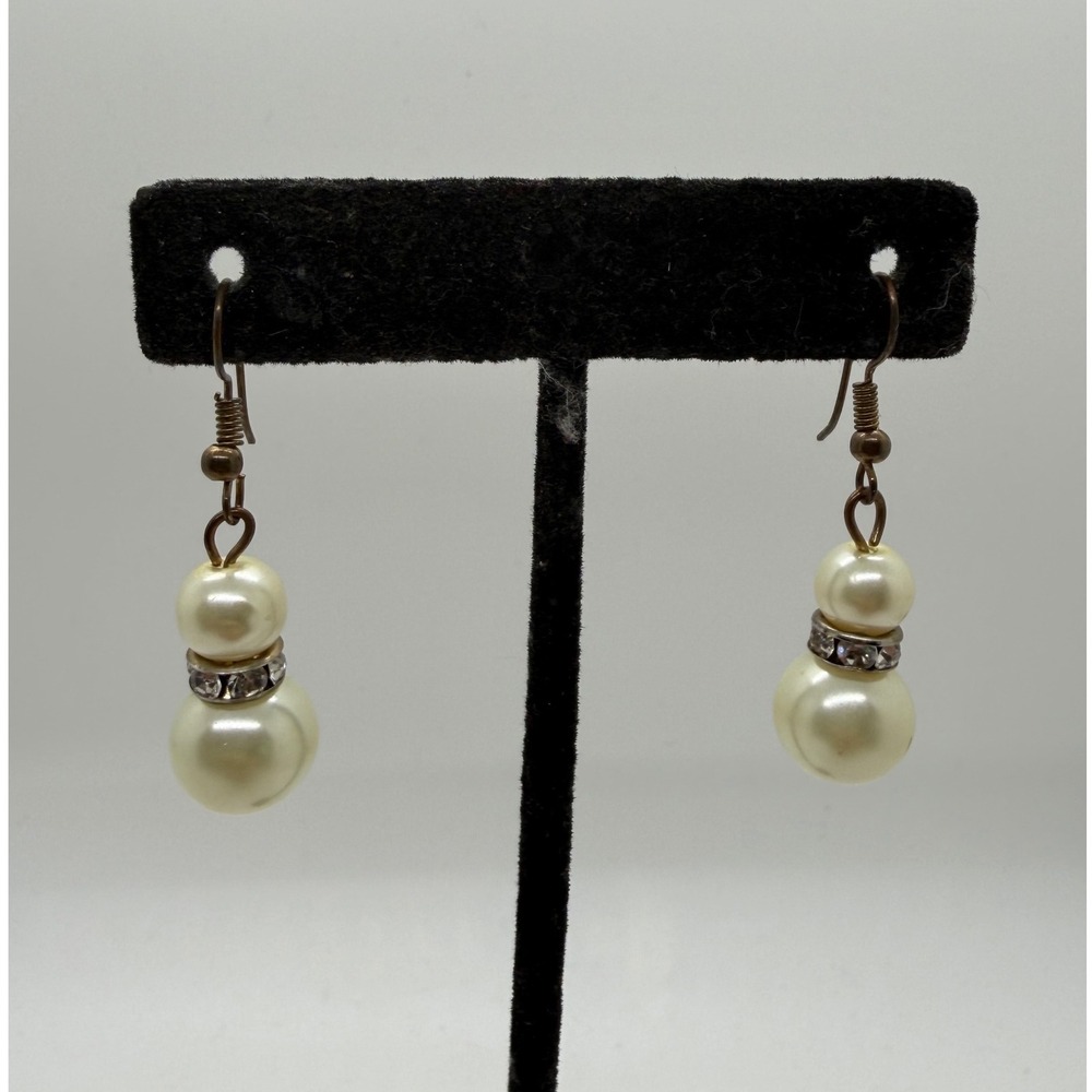 Handmade Faux Pearl Snowman Drop Earrings Rhinestone Winter Holiday Jewelry